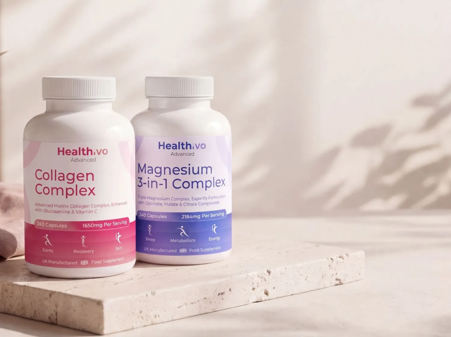 Healthivo Collagen Complex and Magnesium 3-in-1 Complex on a travertine board in soft morning light