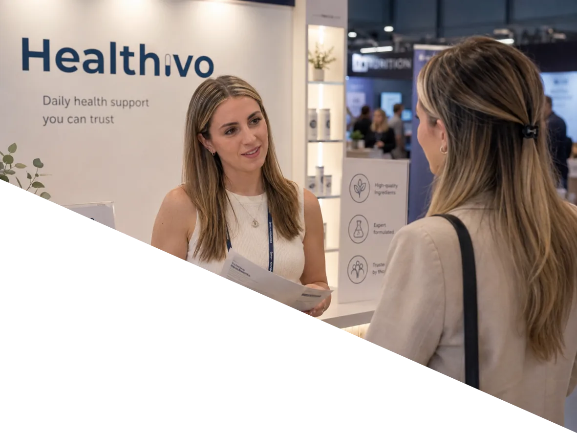 Lauren talking a visitor through the range on the Healthivo stand